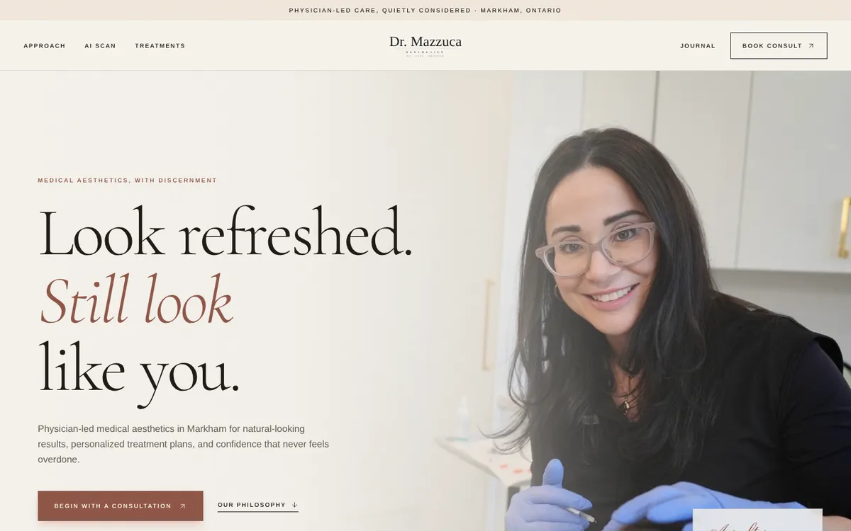 drmazzuca.ca homepage, a med spa website in Markham designed and built by The Iconic Management
