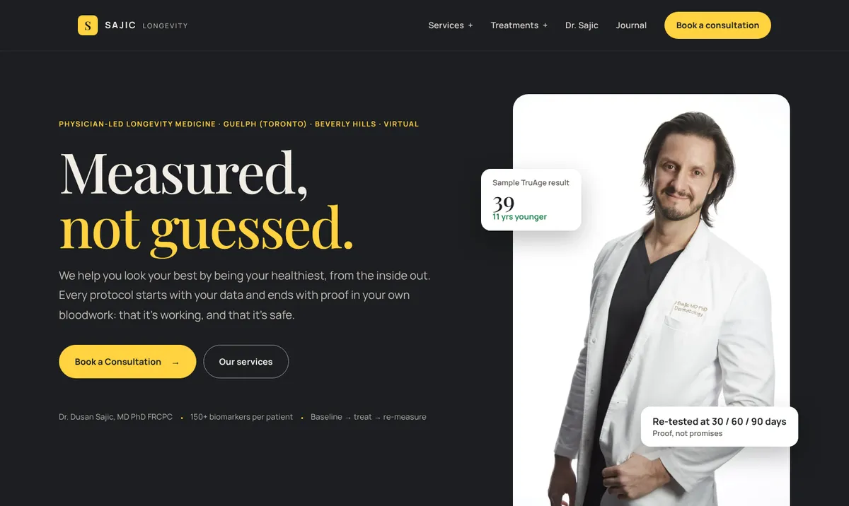 sajiclongevity.com homepage, a longevity and laser clinic website designed and built by The Iconic Management